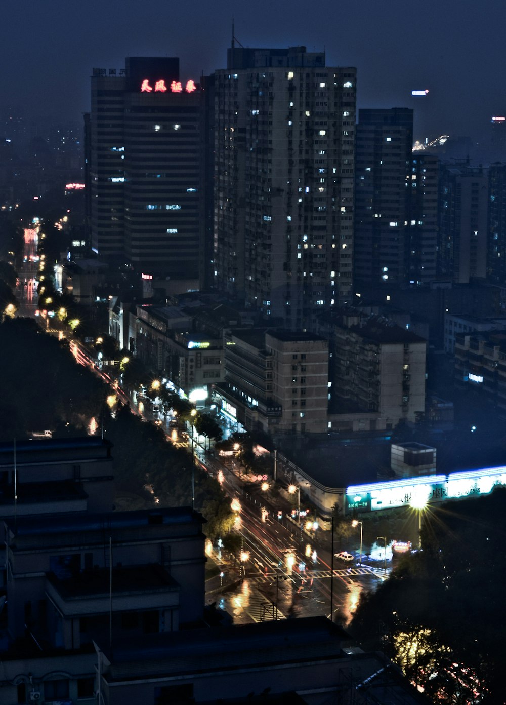 aerial view of city at night