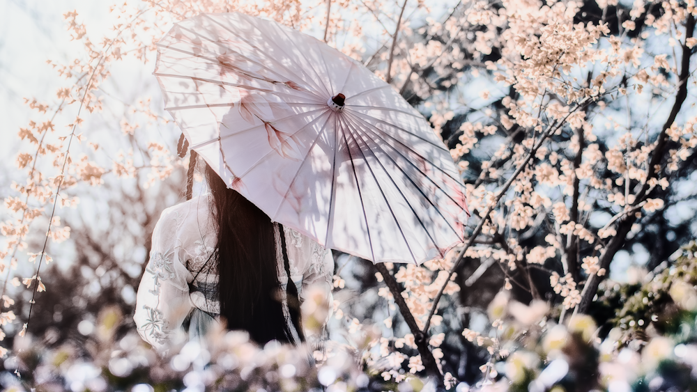 mujer sosteniendo un paraguas blanco bajo el árbol