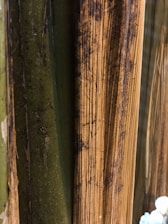 Close-up of vertical wooden or bamboo-like textured surfaces featuring natural green and brown colors, with visible grain and weathered appearance.