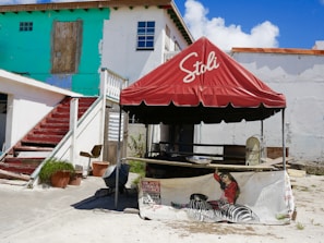 A red tent with the Stoli logo is set up outside, alongside a building with peeling turquoise and white paint. Red wooden stairs lead to a boarded-up door. The area appears somewhat neglected, with a few potted plants, a metal chair, and a wheelbarrow nearby. There's an advertising banner on the tent featuring a person in a red outfit sitting on a zebra illustration.