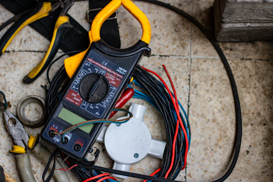 Electrician's tools and wiring on site
