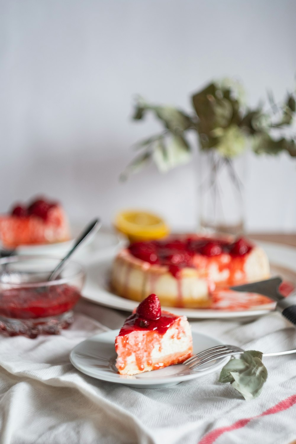 strawberry pie served on white plate