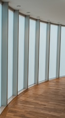 A corridor with large frosted glass panels stretching from floor to ceiling, bordered by a smooth wooden floor. The panels are set in a curve, giving a sense of modern architectural design. The ceiling is dotted with small recessed lights.