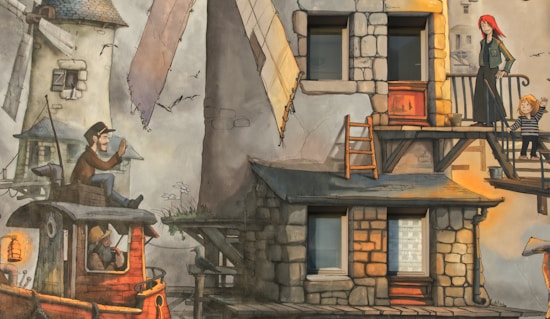 A whimsical illustration of a village scene featuring rustic stone buildings and windmills. A man is sitting on a ledge, appearing to communicate with someone in a boat below. The scene includes a red-headed woman and a child on a balcony, with the child waving. Birds fly around, enhancing the cozy, pastoral atmosphere.
