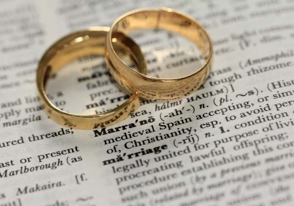 two gold-colored rings on paper