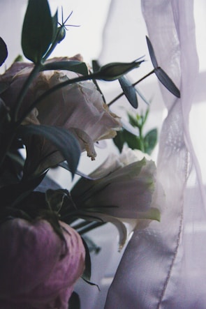 Close-up of a delicate pink and gold floral arrangement with soft natural light.