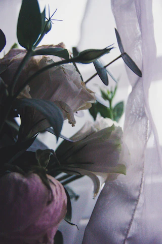 Close-up of a delicate pink and cream floral arrangement in soft lighting.