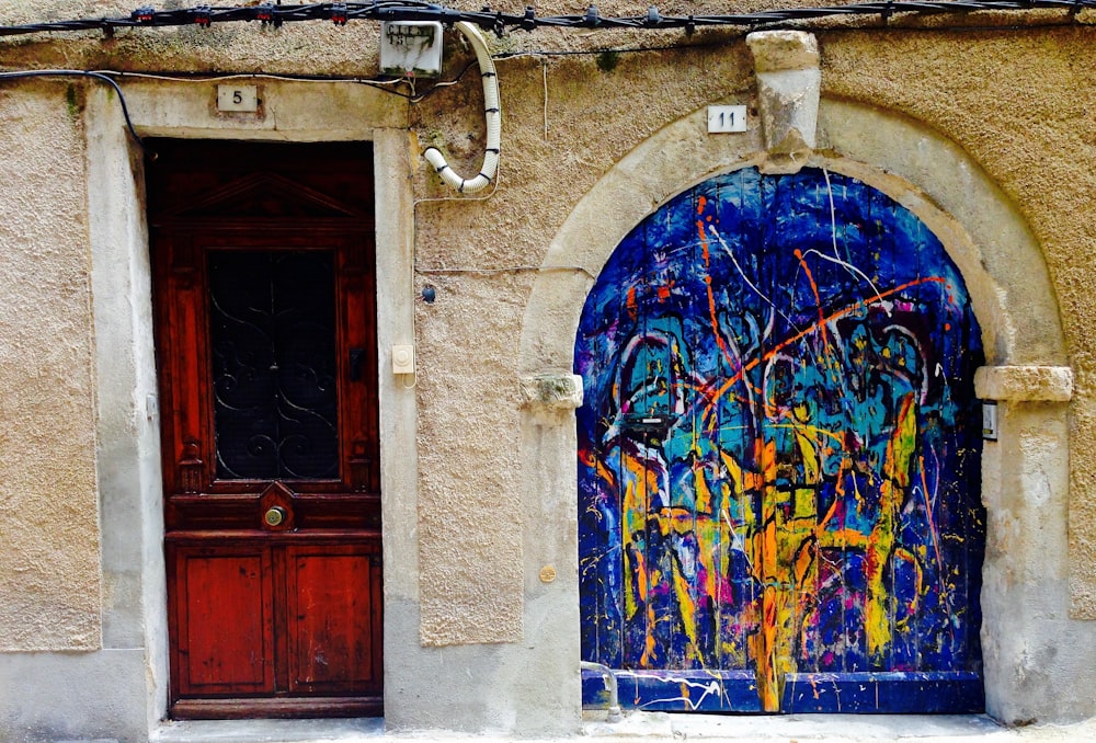 two closed red and blue doors