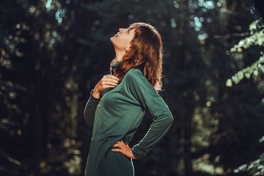 selective focus photo of woman looking up