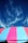A colorful striped canopy or umbrella occupies the lower part of the image, with alternating pink and blue stripes. Above it, a backdrop of deep blue sky features wispy, partially translucent clouds, creating a striking contrast between the canopy and the sky.