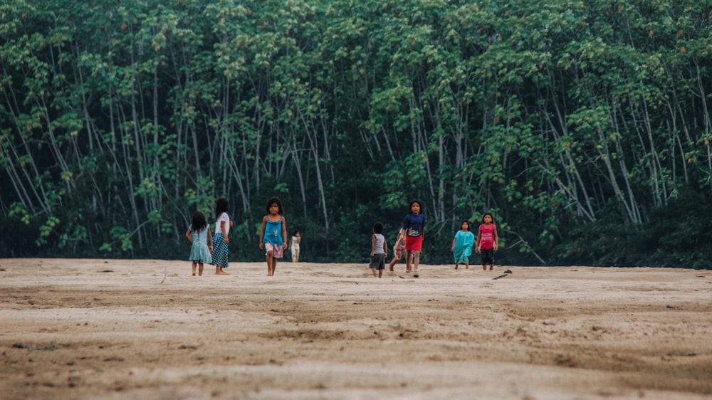 children walking near tree field during daytime