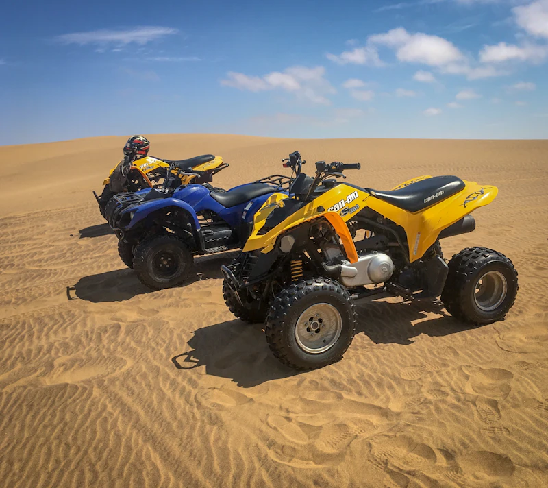 Quad bikes lined up on the sand dunes