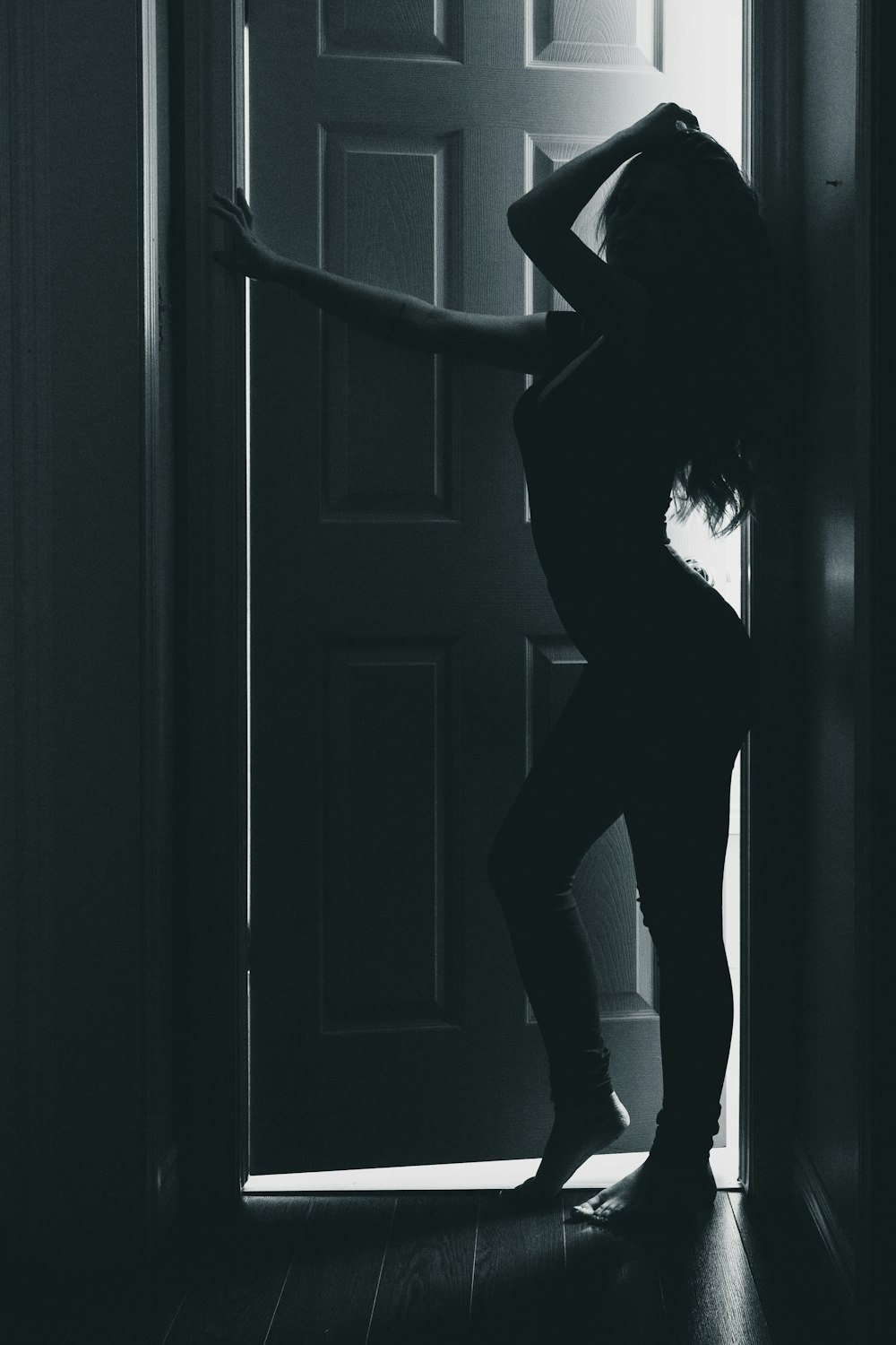 silhouette of woman standing beside half opened door