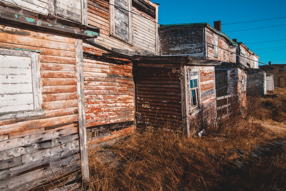 brown wooden sheds near brown grass