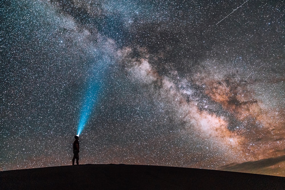 uomo con faro a LED che guarda verso l'alto