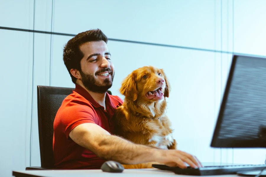 Colaborador trabalhando no escritório com seu cão no colo