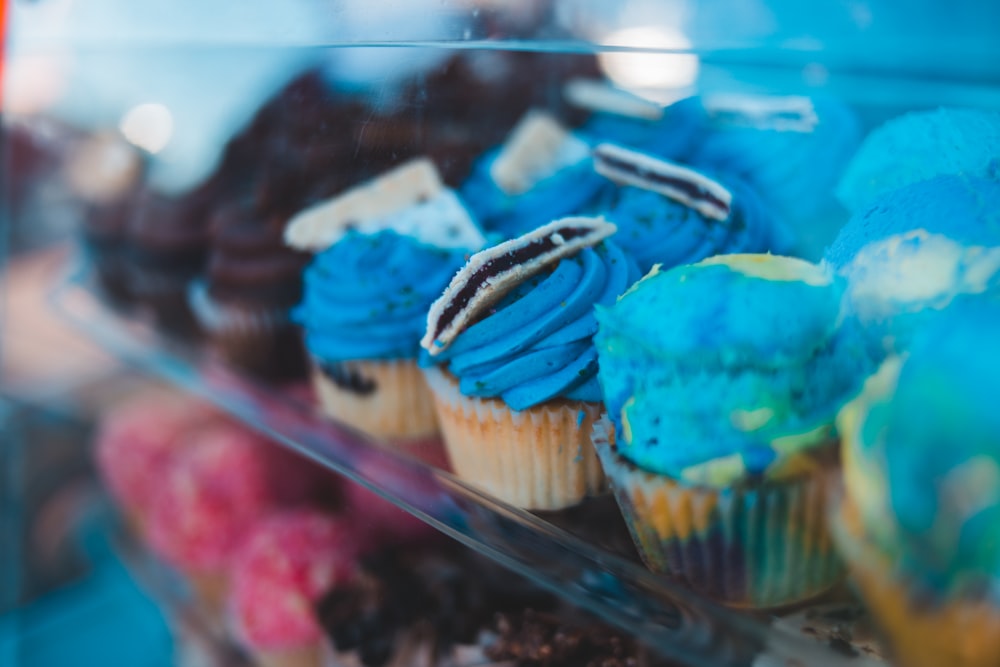 a bunch of cupcakes that are in a display case