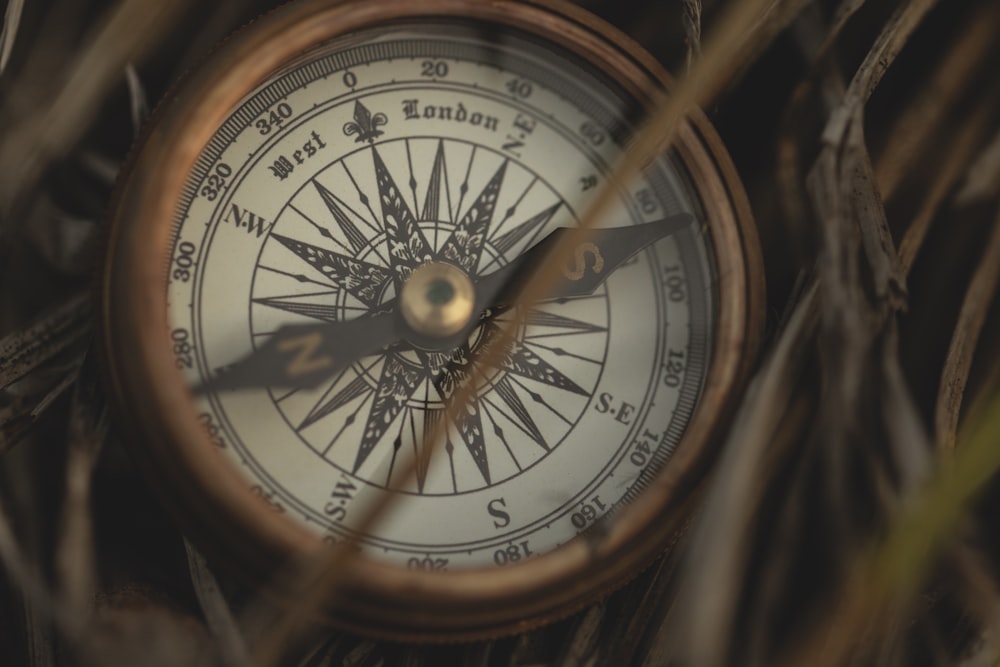 brass-colored directional compass on grass