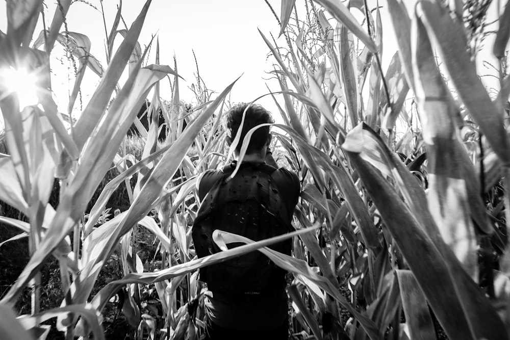 grayscale photo of person near plants