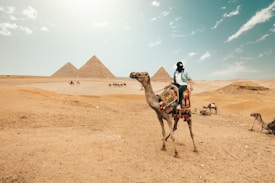 A person rides a camel adorned with colorful cloths in a desert landscape. The iconic pyramids stand prominently in the background under a sky with a few scattered clouds. Other camels and riders can be seen in the distance, adding to the scene's lively yet serene atmosphere.