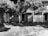 A black and white photo shows a small building with two front doors, partially obscured by a large tree. The building has two porches with lattice work, and the sign on one porch reads 'U.S. Govt. Property No Trespassing'. The ground is covered with grass and leaves, suggesting an untended or abandoned property.