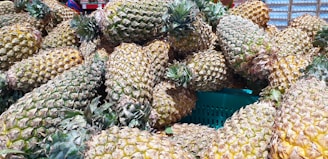 A large pile of ripe pineapples stacked closely together. The pineapples have a spiky texture and their skins range from green to golden yellow, indicating ripeness.