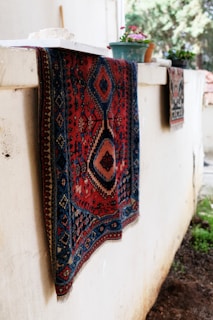 A richly patterned red and blue carpet hangs over a white wall, with decorative geometric designs. On top of the wall, there's a small green potted plant with pink flowers, and a plate with an unknown white object nearby. In the background, there's greenery, suggesting an outdoor or garden setting.