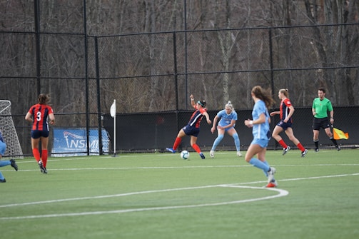 Several female soccer players are engaged in a game on a green field. The team wearing black and red jerseys is competing against a team in light blue uniforms. One player is trying to take possession of the ball while others are positioning themselves to receive it. A referee in a green shirt and black shorts stands nearby, watching the action.