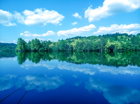 A serene landscape with a calm lake reflecting the sky, symbolizing tranquility and centeredness.