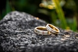 Two gold wedding rings are placed on a textured gray rock surface, with a blurred natural green background. One ring is plain, while the other is adorned with small diamonds.