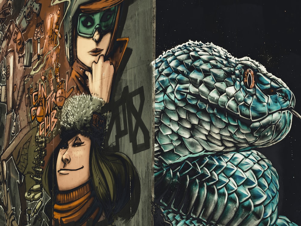 woman wearing glasses beside smirking woman and gray and blue snake collage paintings
