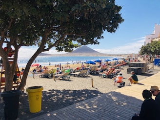 A bustling beach scene with numerous people lounging on sunbeds under bright umbrellas. The beach is bordered by a wooden boardwalk and shaded by leafy trees. In the background, a mountain rises near the ocean, and a clear, sunny sky dominates the scene.