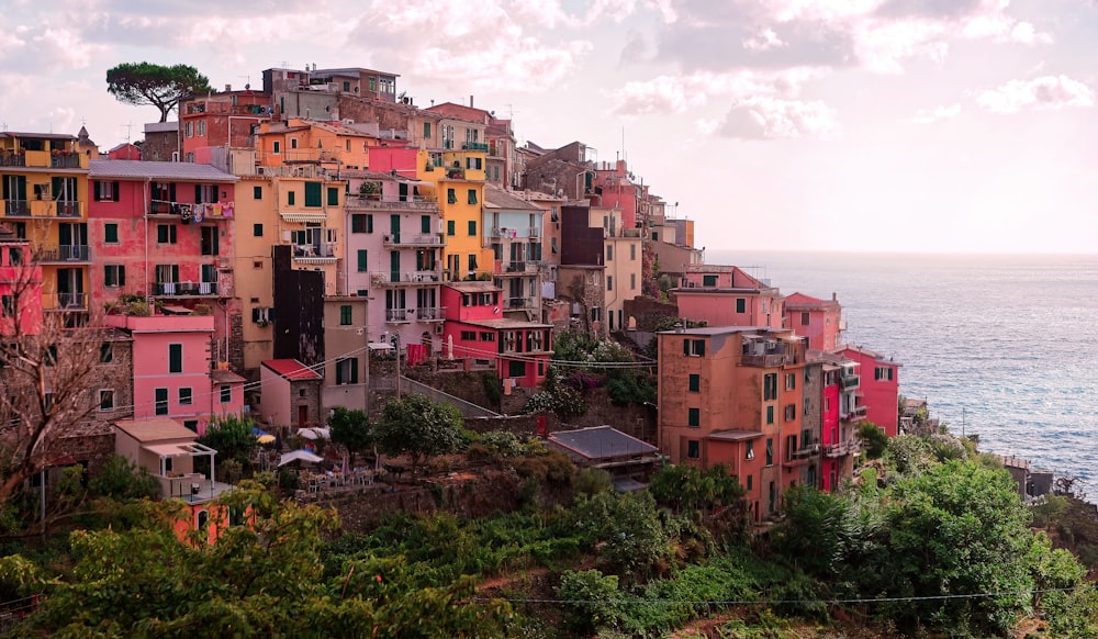 pink and beige houses on top of mountain