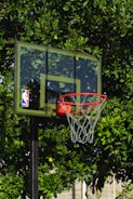 A basketball hoop with a transparent backboard adorned with an NBA logo stands in front of lush green foliage. The vibrant leaves create a natural backdrop for the outdoor basketball setup.