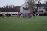 A group of female soccer players is standing on a green field. Two teams wearing different uniforms, one in red and black, and the other in blue, appear to be interacting before or after a game. There is a row of advertising boards and a residential area with trees in the background.