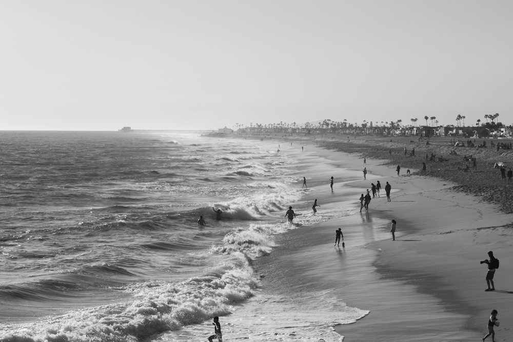 greyscale photo of group of people on seashore