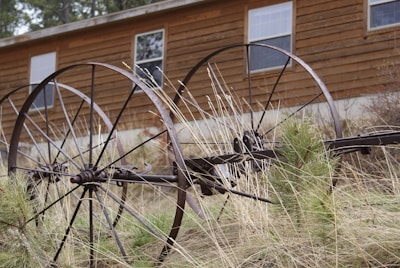 An old, rusted agricultural machinery with large metal wheels is situated in front of a wooden building. Tall, dry grass surrounds the machinery, adding to the rustic and abandoned atmosphere. The wooden building behind has several windows and blends with the rural setting.
