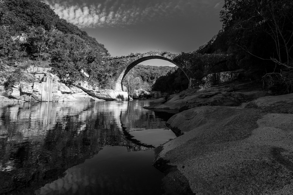grayscale photography of body of water near the bridge