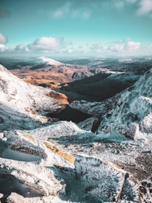 A breathtaking mountain landscape with snow-capped peaks and rugged terrain bathed in sunlight. A deep valley stretches below, with a hint of a dark water body visible. The sky is clear with scattered fluffy clouds.