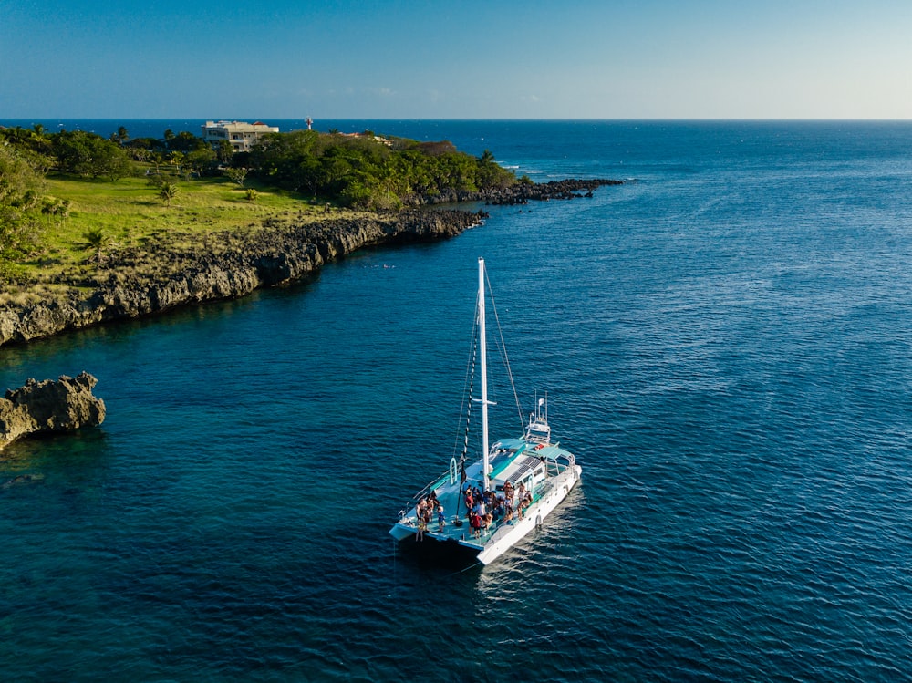 motorboat near island in aerial photo