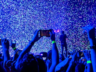 crowd of people taking a picture of person performing on stage