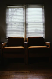 A pair of linen-upholstered armchairs arranged by a window with warm sunlight filtering through sheer curtains.