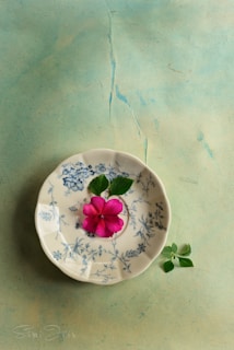 A delicate porcelain plate painted with soft floral motifs in pastel colors.
