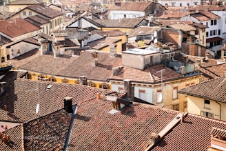 A dense cluster of old buildings with red-tiled roofs, tightly packed together. The rooftops are predominantly red and brown, and various architectural styles are visible, with some buildings showcasing stucco and others brick exteriors. Chimneys and satellite dishes are scattered throughout the scene.