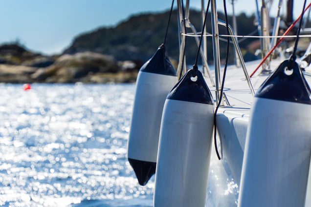 A professional marine technician installing a rubber fender on a dock under clear blue skies.