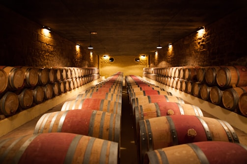A dimly lit wine cellar with rows of wooden barrels stacked along each side. The stone walls and warm lighting create a rustic and cozy atmosphere.