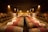 A dimly lit wine cellar with rows of wooden barrels stacked along each side. The stone walls and warm lighting create a rustic and cozy atmosphere.