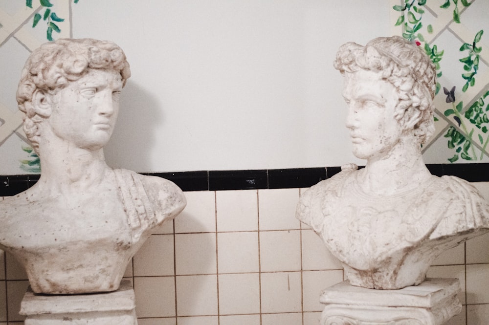 two male headbusts beside wall