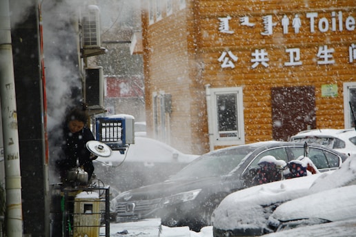 A person is cooking or tending to a pot on a small stove while snow is falling heavily. Steam rises from the pot, contrasting with the cold environment. In the background, there is a building with a sign indicating public toilets. Snow-covered cars and light snowflakes create a wintry urban setting.