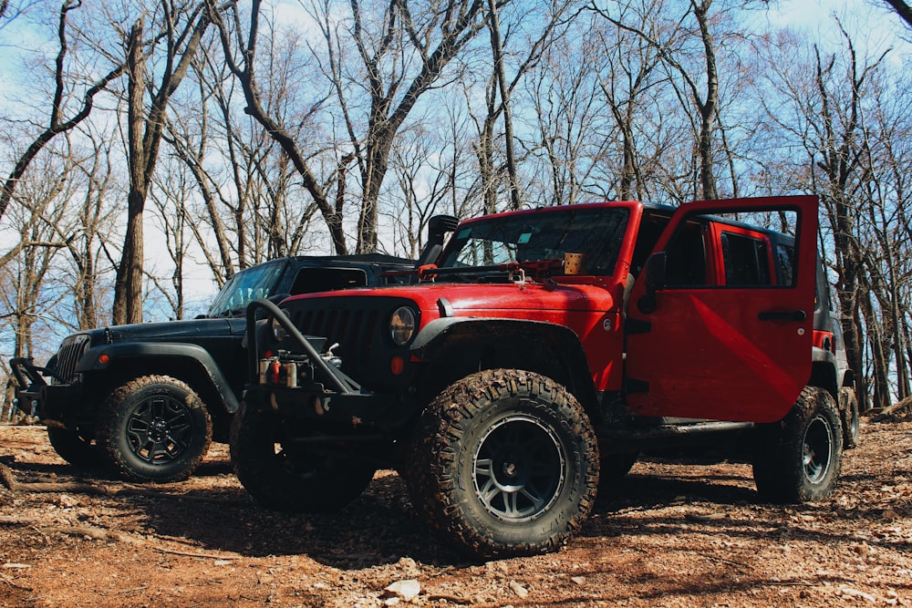 Jeep Wrangler rouge et noir garé près d’arbres dénudés pendant la journée